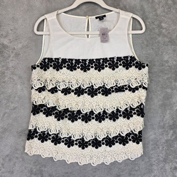 Ann Taylor Blouse Womens 10P Petite Cream Black Lace Floral Scallop Hem New - Picture 1 of 9